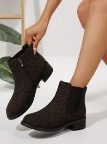 Fashionable Leopard Pattern Elastic Band Chunky Heel Casual Boots