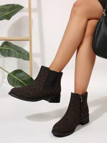 Fashionable Leopard Pattern Elastic Band Chunky Heel Casual Boots