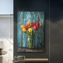 Rustic Tulips Canvas Print,  Colorful Bouquet In A Glass Jar,  Weathered Blue Wood Background,  Floral Wall Art