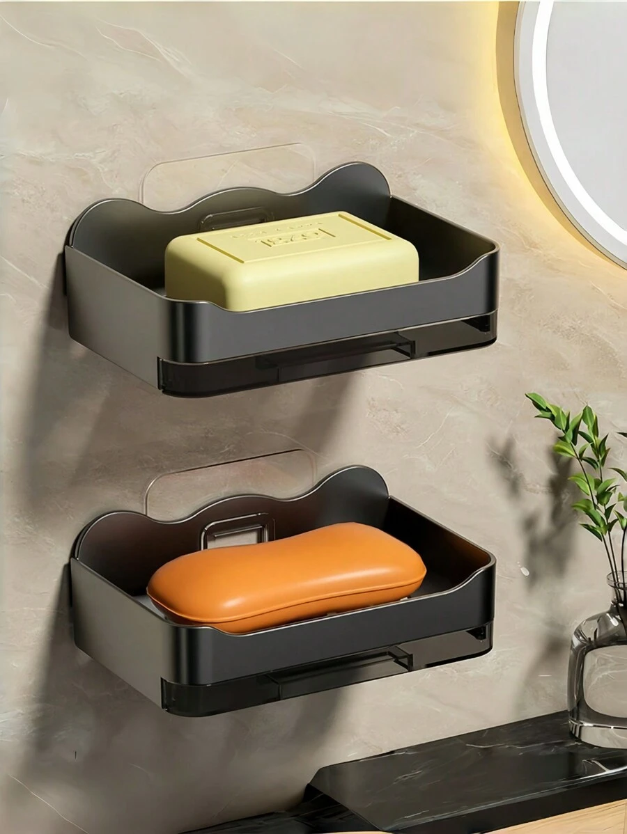 1/2pcs 13.3 Cm X 8.3 Cm Wall-Mounted Soap Dispenser In Grey, Made Of Plastic Material With A Tool-Free Installation Process. Its Minimalist And Elegant Design Makes It Suitable For Bathrooms, Toilets, And Kitchens. It Comes Equipped With A Tray And A Drainage Hole. Home Bathroom Decor Fall Decor Back To School - Grey - View 1