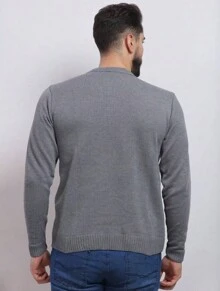 Men's Knitted Sweater Coat Sweater Round Neck Long Sleeve Wool Blouse - 深灰色 - 查看 2