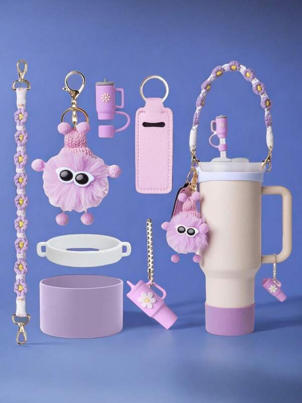 7pcs/Set Cup Accessories Set Compatible With Stanley Cup 30 Oz 40 Oz Include 1 Set Water Bottle Handle Strap 1 Pc Silicone Straw Cover 1 Pc Silicone Cup Boot 3 Pcs Charms Accessories, Back To School Supplies