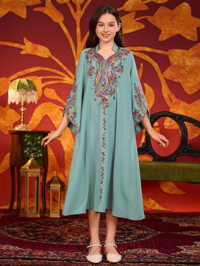 Tween-Mädchen Abaya-Kleid, besticktes und mit Strass verziertes Luxus-Langkleid im Dubai-Stil