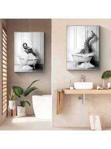 1 件北欧浴室动物海报大象长颈鹿厕所浴缸黑白帆布画复古墙壁艺术画家居装饰无框 - 彩色 - 查看 5