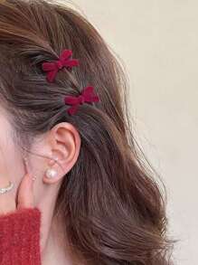 2 chiếc kẹp tóc nơ nhung cho nữ công chúa dễ thương, kẹp tóc mái, kẹp bên trán, kẹp tóc cá sấu mới, kẹp tóc ngày lễ, đồ đội đầu - Đỏ - Xem 1