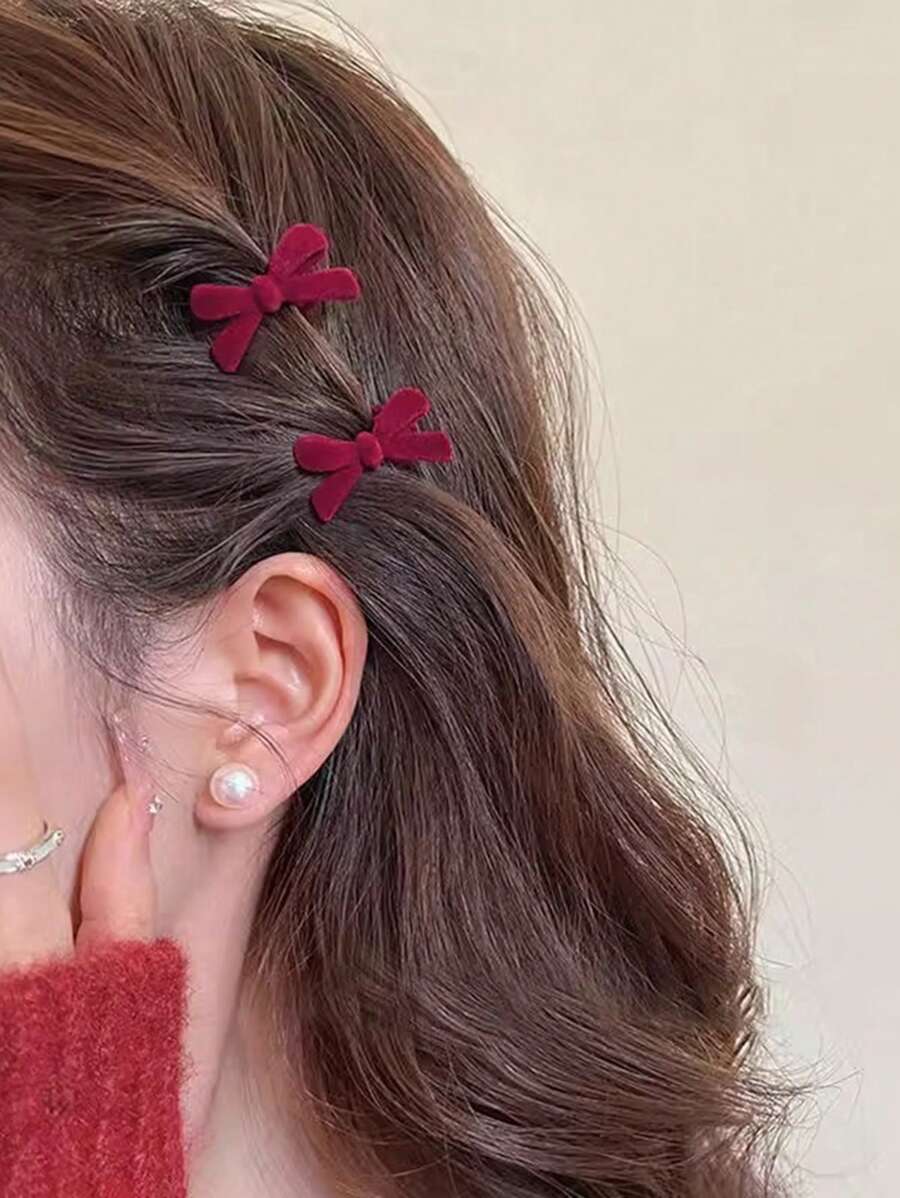 2 chiếc kẹp tóc nơ nhung cho nữ công chúa dễ thương, kẹp tóc mái, kẹp bên trán, kẹp tóc cá sấu mới, kẹp tóc ngày lễ, đồ đội đầu - Đỏ - Xem 1