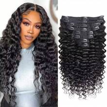 Deep Wave Clip In Hair Extensions Human Hair 8Pcs Brazilian Remy Human Hair Deep Wave Clip In Extensions Thick To Ends Natural Black - màu đen - Xem 6