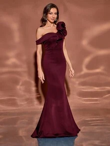 Women Ruffle Trim Asymmetrical Shoulder Fitted Elegant Mermaid Hem Gown Dress For Wedding, Banquet, Party, Wedding Guest Dress, Formal Dress, Evening Dress