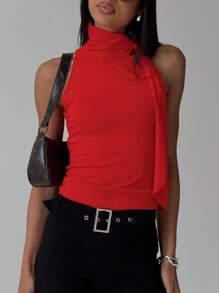 Women's High Neck Tank Tops Sleeveless Solid Color Slim Fitted Tops Summer Shirts - Red - View 2