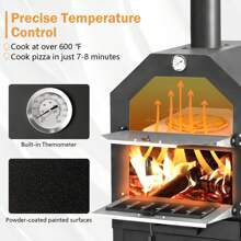 YODOLLA Outdoor Pizza Oven,Wood Fired Pizza Oven Maker Charcoal BBQ Grill 3-Tier Freestanding W/Chimney Built-In Thermometer, BBQ Pizza Maker With Pizza Stone & Wheels Outside Camping Backyard Party - Black - View 3