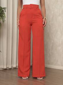 Women's Linen Material Trousers With Belt - Orange - View 3