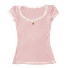 Women Y2K Lace Trim Pointelle Crop Tops Scoop Neck Short Sleeve T Shirts Baby Tee Aesthetic Clothes Going Out - 粉色 - 查看 2