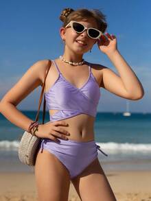 New Tween Girl Solid Color Bikini Swimwear, Special Material Bikini Swimwear - Mauve Purple - View 4
