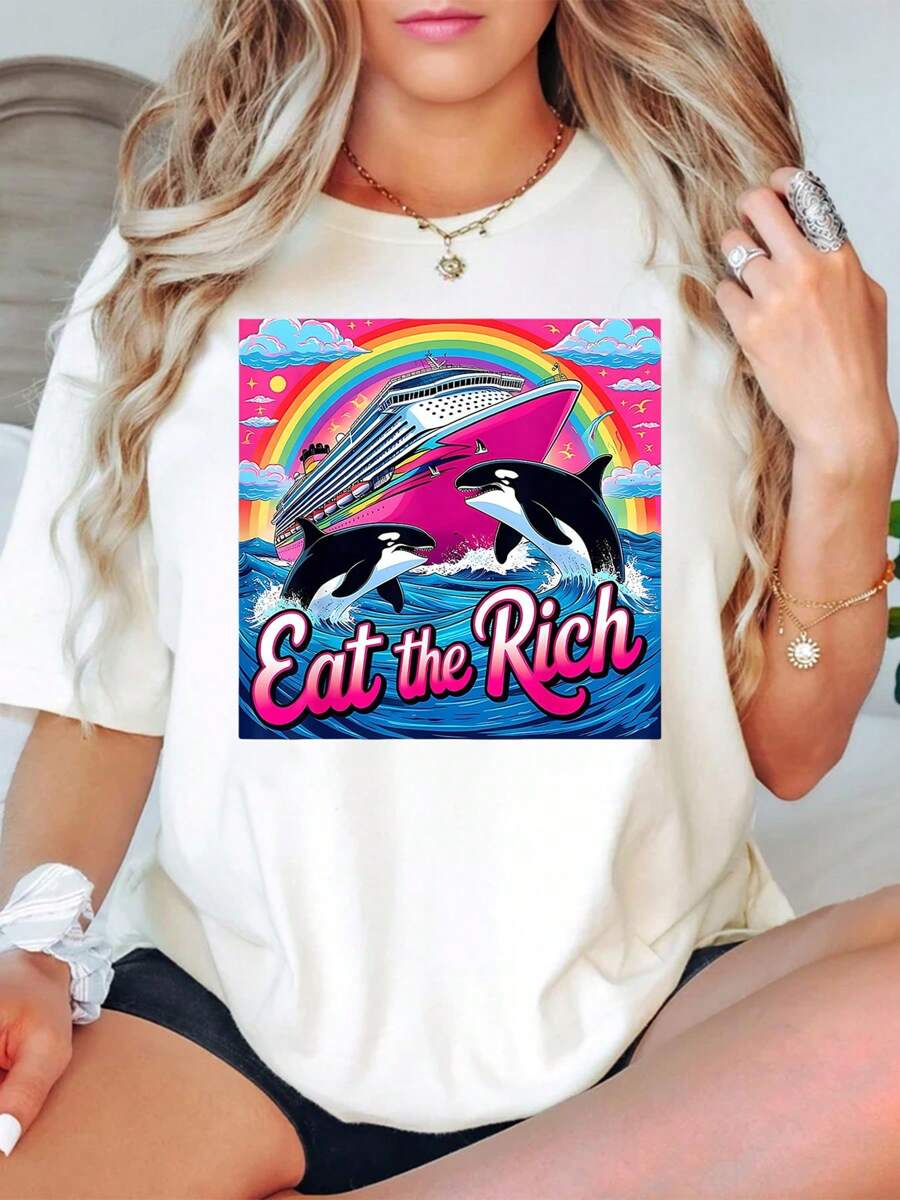 Oversized Style For Women, Eat The Rich Tshirt, Whale Tshirt, 90s Orca Funny Whale Yacht, Eat The Rich Whale V3, 90s Animal Retro Tee, Loose Type Shirt For Women, Perfect For Holiday Parties Or Gift Giving, Soft And Comfortable - 白色 - 查看 1