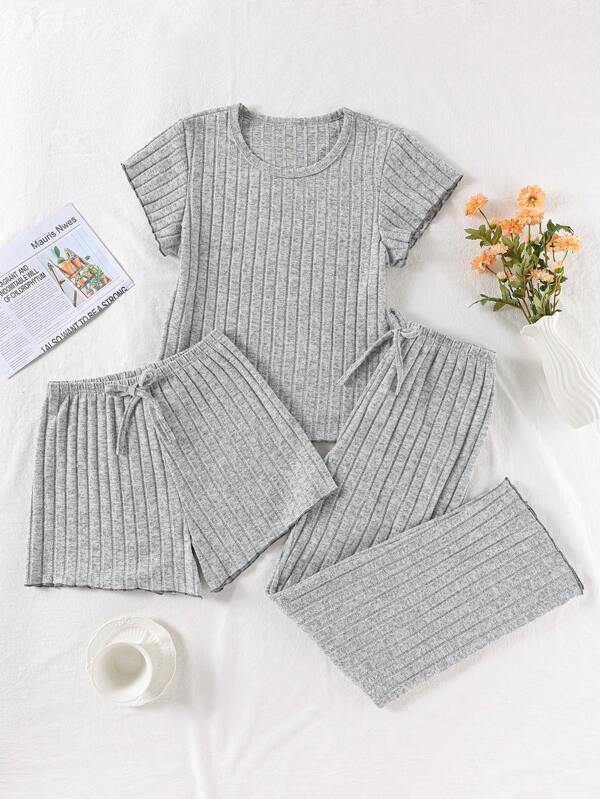 3 Pieces Rib-Knit Women Lounge Set - Includes Short Sleeve Top, Drawstring Shorts And Pants, Fashionable Casual Wear For Spring/Summer, Vacation