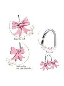 12pcs Valentine's Day Resin Pink Bow Shower Curtain Hooks, Pink Bathroom Accessories Home Decor, Curtain Rings, Decorative Bathroom Home Accessories, Art Decors, Design Rust-Proof Metal Shower,Decorative Shower Curtain Hooks,Valentine's Gift - Pink - View 7