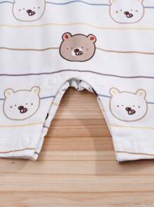 夏季卡通熊印花刺绣短袖婴儿连体衣 - 棕色 - 查看 7