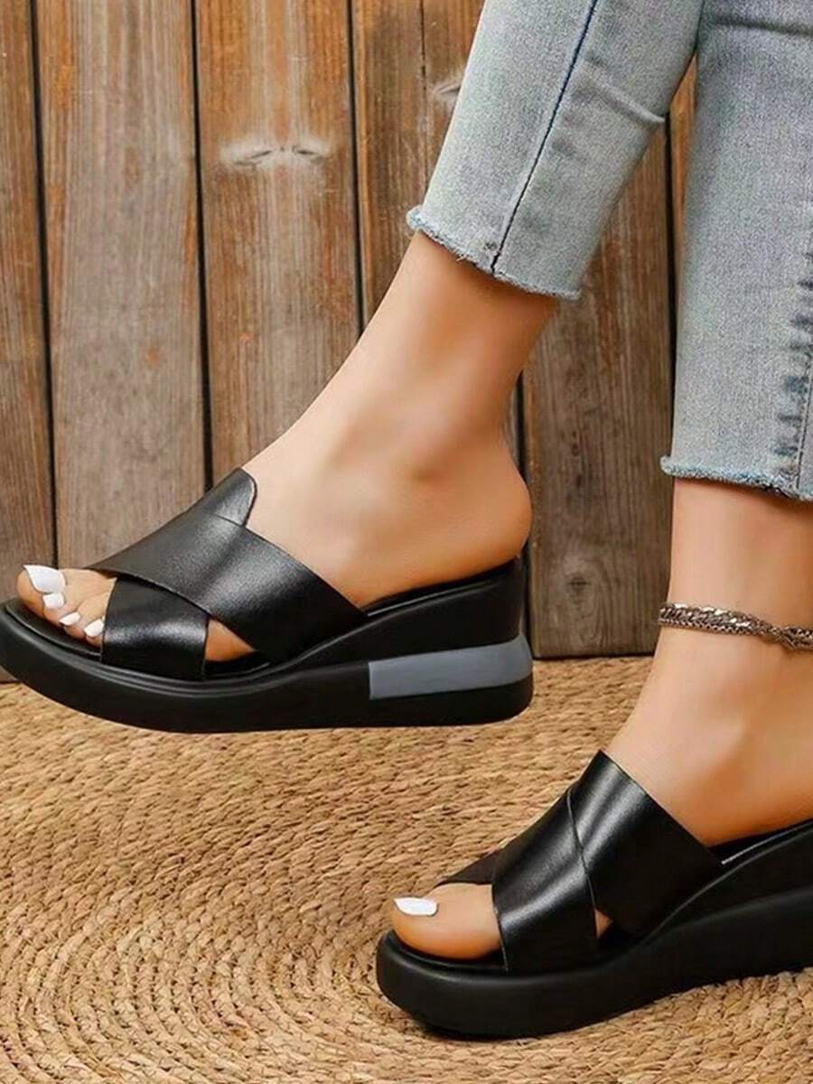 Sandalias de mujer con tacón grueso y color sólido - Negro - Ver 1