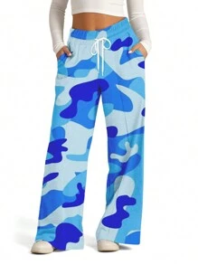 Women's Spring Summer Baggy Pants Drawstring Camouflage Loose Fit Wide Leg Trousers - 藍色 - 查看 1