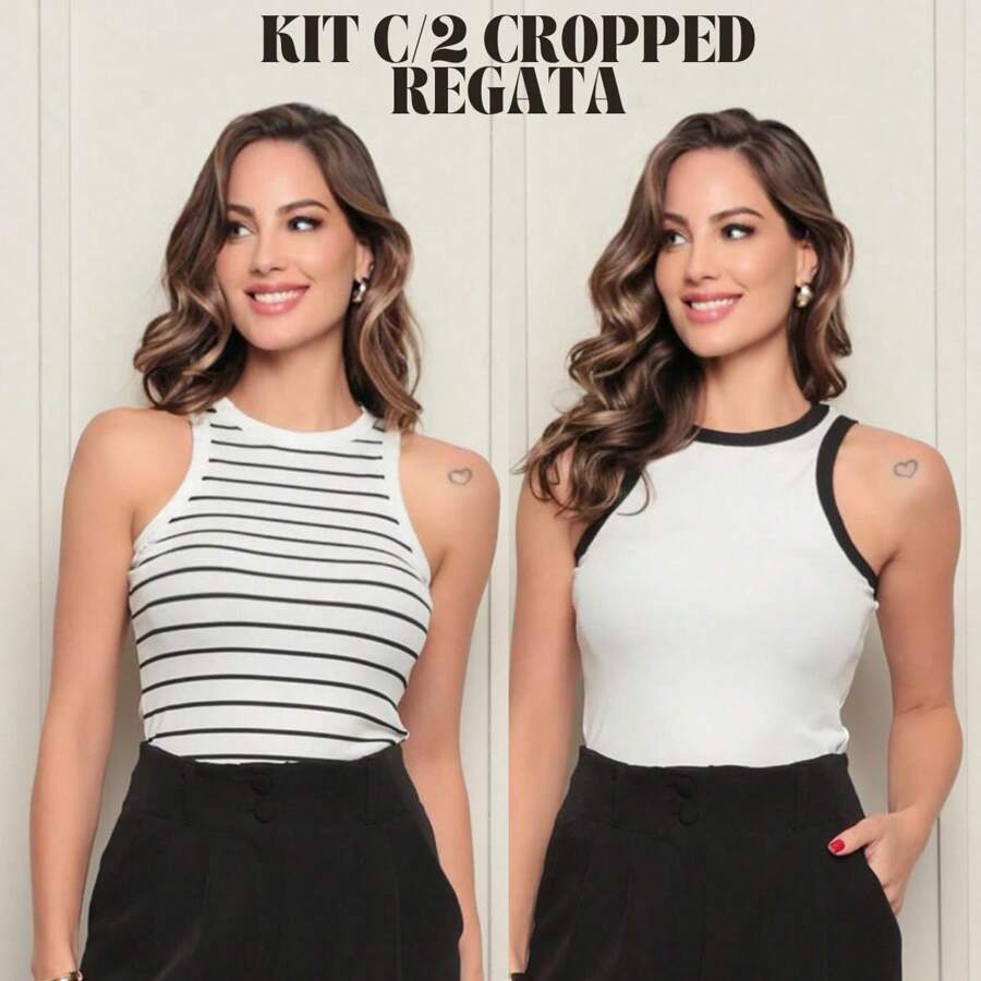 Kit 2 Regatas Cropped Feminina Canelada Blusinha Básica Confortável Algodão