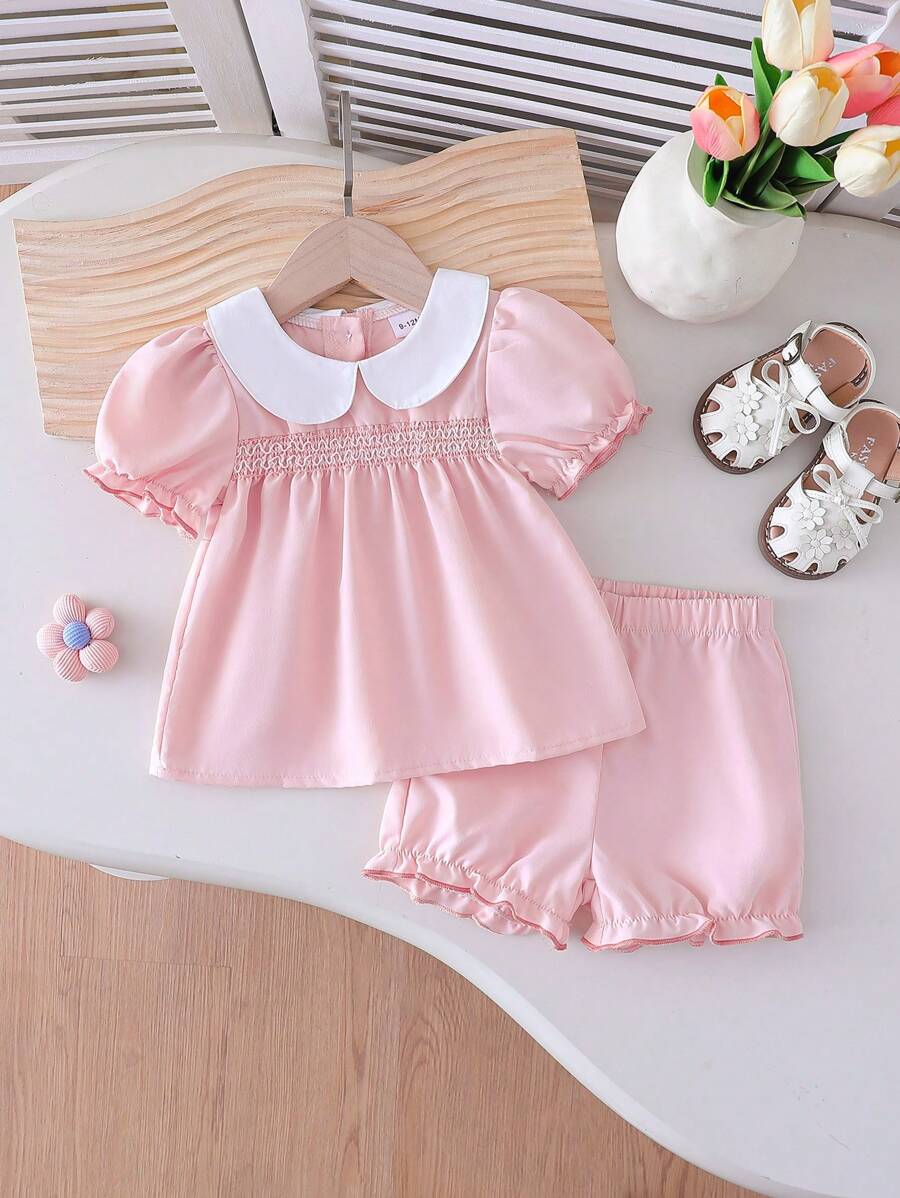 2pcs/Set Infant/Baby GirlCasual Cute Fashion Round Neck Shorts Set, Spring/Summer, 0-3Y