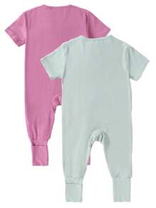 Conjunto de 2 piezas de pelele de bebé niña de fibra de bambú con costillas gruesas y cremallera, suave, transpirable, amigable con la piel, alta elasticidad, conjunto de 2 piezas de costillas gruesas en unicolor, pelele casual de manga corta con cubierta de pie convertible