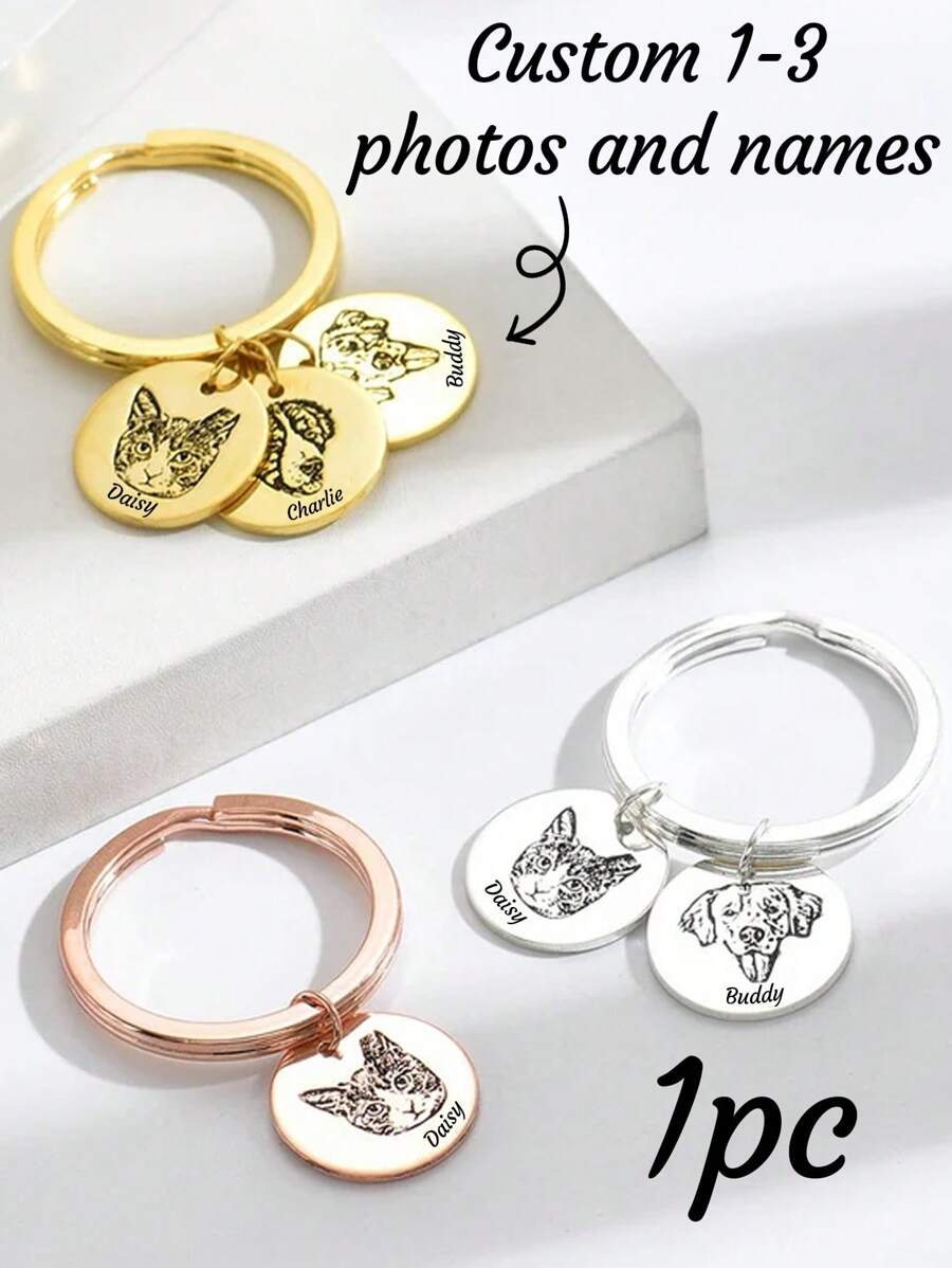 LICVIC 1pc Custom Engraving 1-3 Photos Names Keychain, Customized Engraved Round Keychains, Personalized Small Keychain, Round Size:4x2cm, 3 Styles. - Multicolor - View 1
