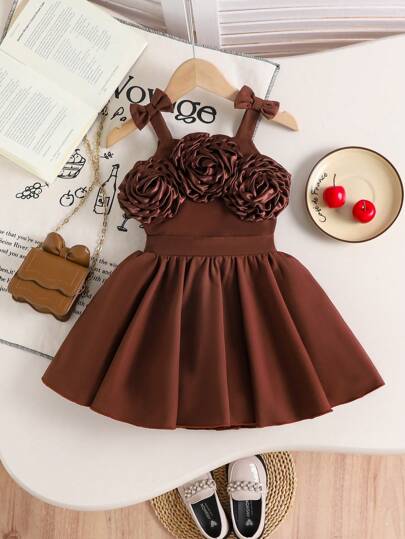 Summer Young Girl Sweet Fresh Camisole Top With 3D Rose Flower & Pleated Skirt 2 Pieces Set
