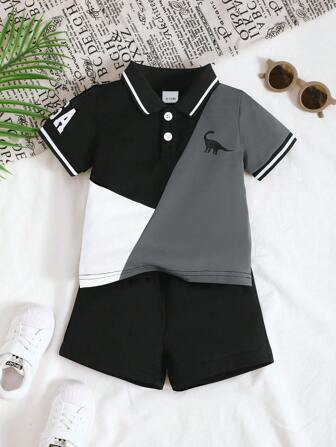 2 件套男婴休闲 Polo 领恐龙印花拼布短袖上衣和裤子，夏季