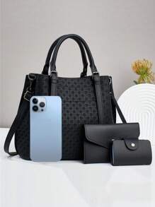 New Simple Fashionable Elegant Women's Tote Bag Set, Versatile Casual Mesh Weaving Design, Roomy Capacity, Shoulder & Crossbody Carrying Options - Black - View 3