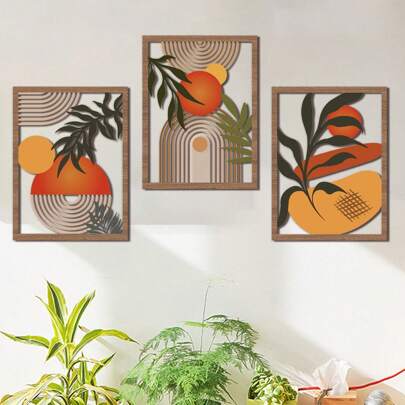 3pcs Hollowed-Out Rural Farmhouse Wall Art Ornaments, Bohemian Wall-Hanging Sculptures, Hollowed-Out Carving Designs, Beautiful Landscape Patterns, Random Combination, Suitable For Living Room, Bedroom, Rural Courtyard Decoration, Housewarming Gifts. Birthday Graduation