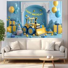 1PC Blue And Yellow Excavator Toy Balloon Gift Box Room Decoration Background Birthday Cake Table Supplies Decoration Back Cloth Banner Perfectly Decorated Birthday Party Room Wall Back Cloth Studio Props Unwashed 82.7*59.1/59.1*39.4/39.4*29.5 Inches