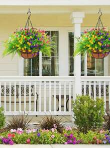17.32 Inches Artificial Hanging Flowers With Basket, Faux Hanging Plants Flowers Basket UV Resistant Rose Eucalyptus Plants, Fake Plastic Greenery Flowers For Outdoors Garden, Spring Decor For Patio Porch - Nhiều màu - Xem 1