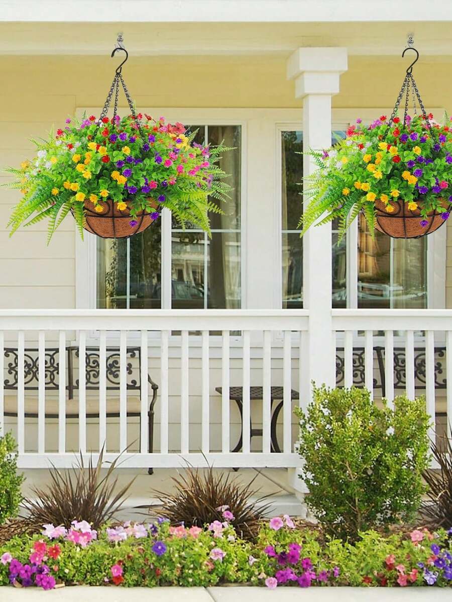17.32 Inches Artificial Hanging Flowers With Basket, Faux Hanging Plants Flowers Basket UV Resistant Rose Eucalyptus Plants, Fake Plastic Greenery Flowers For Outdoors Garden, Spring Decor For Patio Porch - Nhiều màu - Xem 1