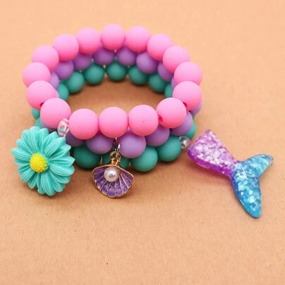 Set de 3 piezas de pulseras de niña con cuentas y colgantes de dibujos animados coloridos de sirenas, conchas y flores, accesorios decorativos para fiesta, cumpleaños, Día de San Valentín, Día del Trabajo, Carnaval, Festival de San Patricio, Pascua y otros días festivos