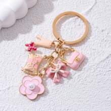 NXQXN Pink Mini Bag & Cosmetics Charm Keychain Ladies Key Ring - Metal Round Love Theme Keyring With Flowers & Heart Decor, Single Individual Piece, Wedding Festival Special, Ring Buckle Decorative Bag Pendant Gift - B - 查看 3