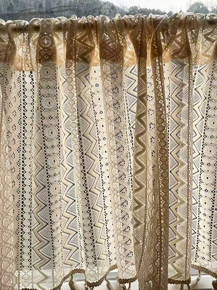 1pc Beige Wavy Lace Decorative Rod Pocket Sheer Curtain Panel Cafe Curtain Divider, Holiday Decor - Beige - View 9