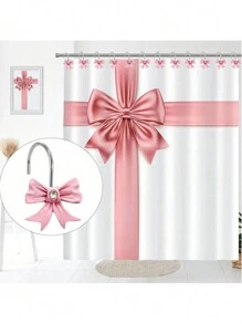 12pcs Valentine's Day Resin Pink Bow Shower Curtain Hooks, Pink Bathroom Accessories Home Decor, Curtain Rings, Decorative Bathroom Home Accessories, Art Decors, Design Rust-Proof Metal Shower,Decorative Shower Curtain Hooks,Valentine's Gift - Pink - View 5