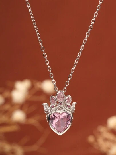 1件不锈钢粉色草莓项链，欧美奢华18K金链，粉色锆石皇冠吊坠，适合派对、日常佩戴，也是送给伴侣的礼物。