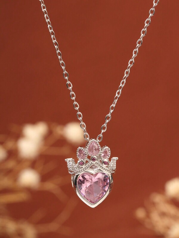 1pc Stainless Steel Pink Strawberry Necklace, European And American Luxury 18K Gold Chain, Pink Zirconia Crown Pendant, Suitable For Party, Daily Wear, Gift For Partner