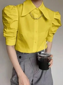 Dames effen kleur voorkant knoop korte mouw eenvoudige casual geplooide blouse
