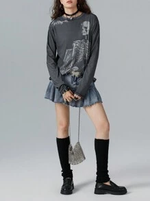 Women Y2k Fairy Grunge T-Shirt Top Goth Skull Print Long Sleeve Shirts Punk Gothic E-Girl Loose Tees Tops Vintage Aesthetic Clothes Streetwear - màu đen - Xem 4