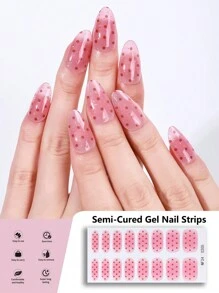 16 件半固化水晶指甲贴纸，粉色波尔卡圆点设计，全覆盖自粘指甲贴套装，配有 1 个指甲锉，需要紫外线，易于粘贴和去除，适合女性和女孩日常使用以及 DIY 情人节美甲