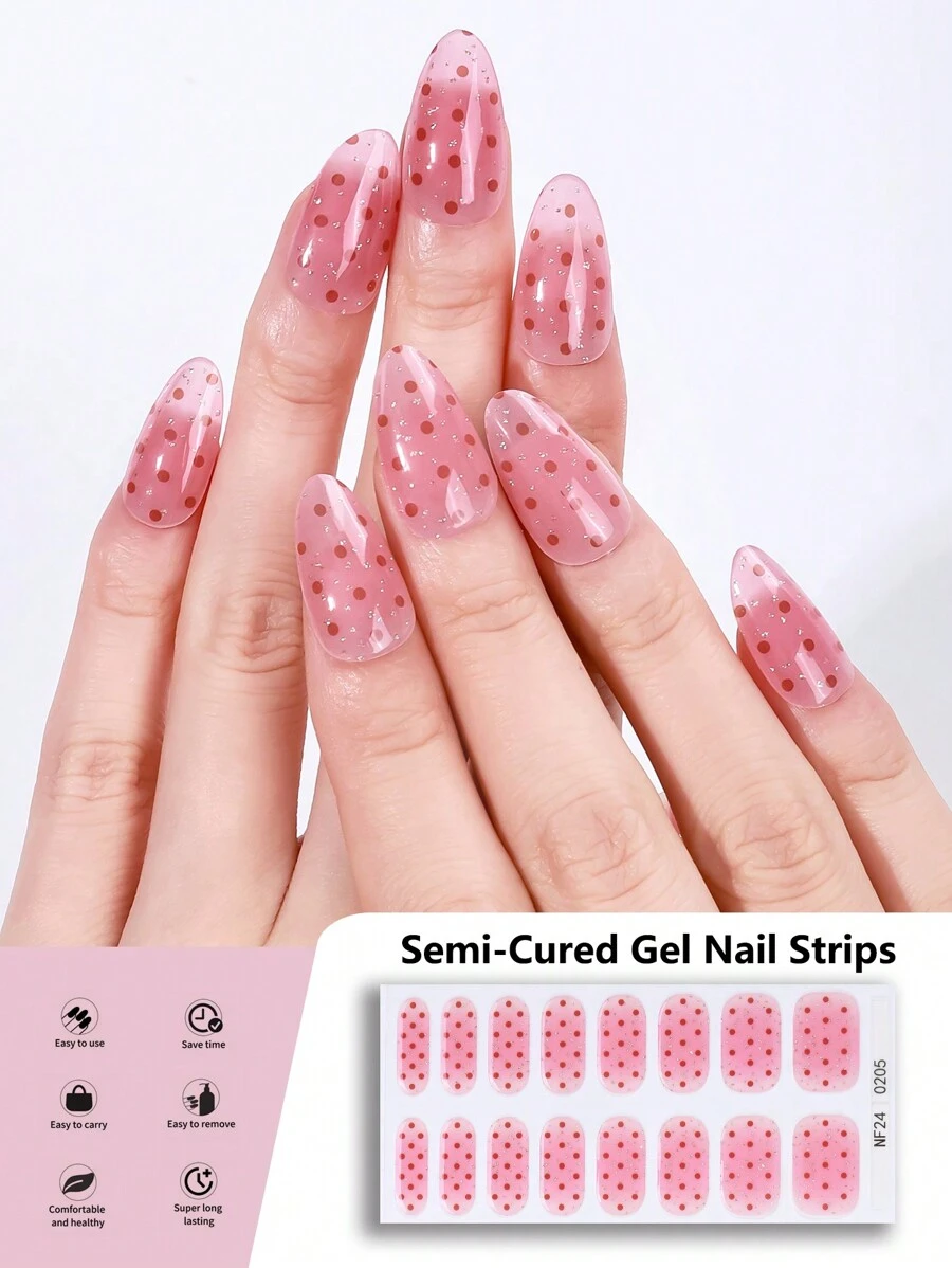 16 件半固化水晶指甲贴纸，粉色波尔卡圆点设计，全覆盖自粘指甲贴套装，配有 1 个指甲锉，需要紫外线，易于粘贴和去除，适合女性和女孩日常使用以及 DIY 情人节美甲