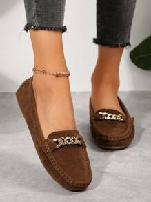 Fashion New Comfortable Casual Metal Chain Decor Women's Flat Shoes, Outdoor Lightweight Soft Bottom Fabric Slip-On Low-Top Slip-On Sandals, Summer Beach Vacation Solid Color Round Toe Simple Suede Brown Loafers - Brown - View 6
