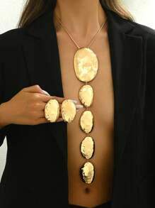 2pcs/Set Fashion Asymmetrical Geometric Hammered Metallic Pendant Necklace, Y-Shaped Exaggerated Design For Party Dress Jewelry Set