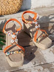 Sandalias de cuña con decoración floral, de suela tejida de cuerda y punta cuadrada, para talla grande - Modelo 2025