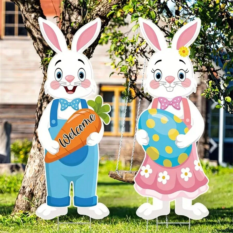 2 Peças Decoração de Páscoa para Quintal, Placas de Grama da Páscoa para a Páscoa Feliz com Estaca de Boas-Vindas com Coelho e Ovo de Páscoa para Jardim Externo, Decoração de Placa de Grama da Páscoa Primavera para Caça aos Ovos da Páscoa, Suprimentos de Festa, 32" X 12.6" - Multicolorido - Visão 1