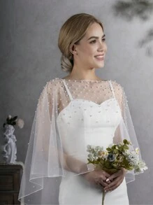 1 chiếc khăn choàng cô dâu cưới, khăn choàng voan ngọc trai thủ công, áo chui đầu đính hạt tối giản, phụ kiện váy cưới, quần áo mùa thu cho phụ nữ - Màu be - Xem 4