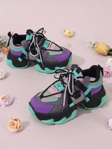 Women's Chunky Sneakers, Round Toe Platform Shoes, European & American Style Sports Shoes, Fashion Trainers, Colorblock Sports Shoes, Metallic Thick Sole Sneakers, Ladies' Athletic Shoes, Lace-Up Workout Shoes - Multicolor - View 5